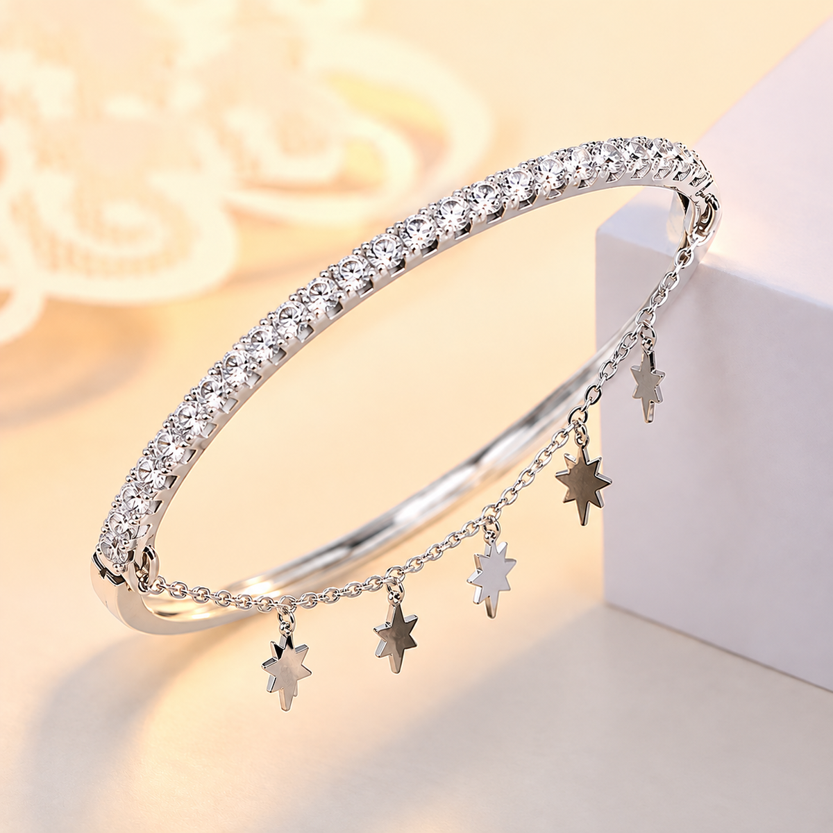 Silver Starburst Charm Bangle Bracelet