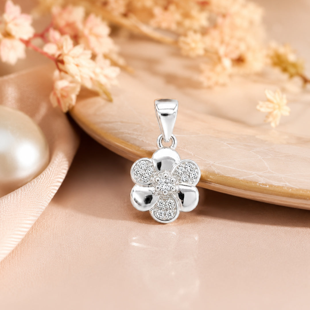 Twinklitz Sterling Silver Flower White Diamond Kids Pendant