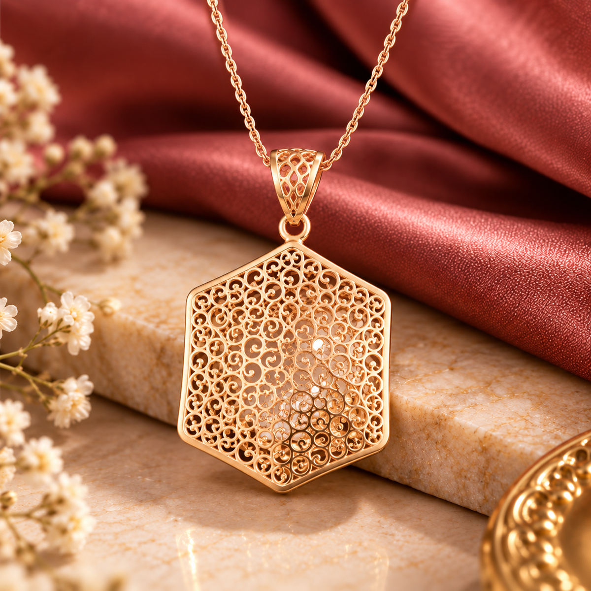 Rose Gold Hexagon Filigree Pendant Necklace