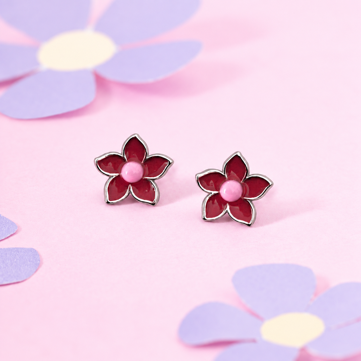 Red Enamel Floral Stud Earrings
