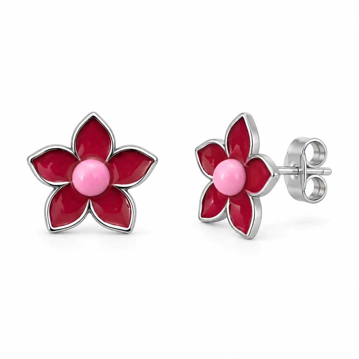 Red Enamel Floral Stud Earrings