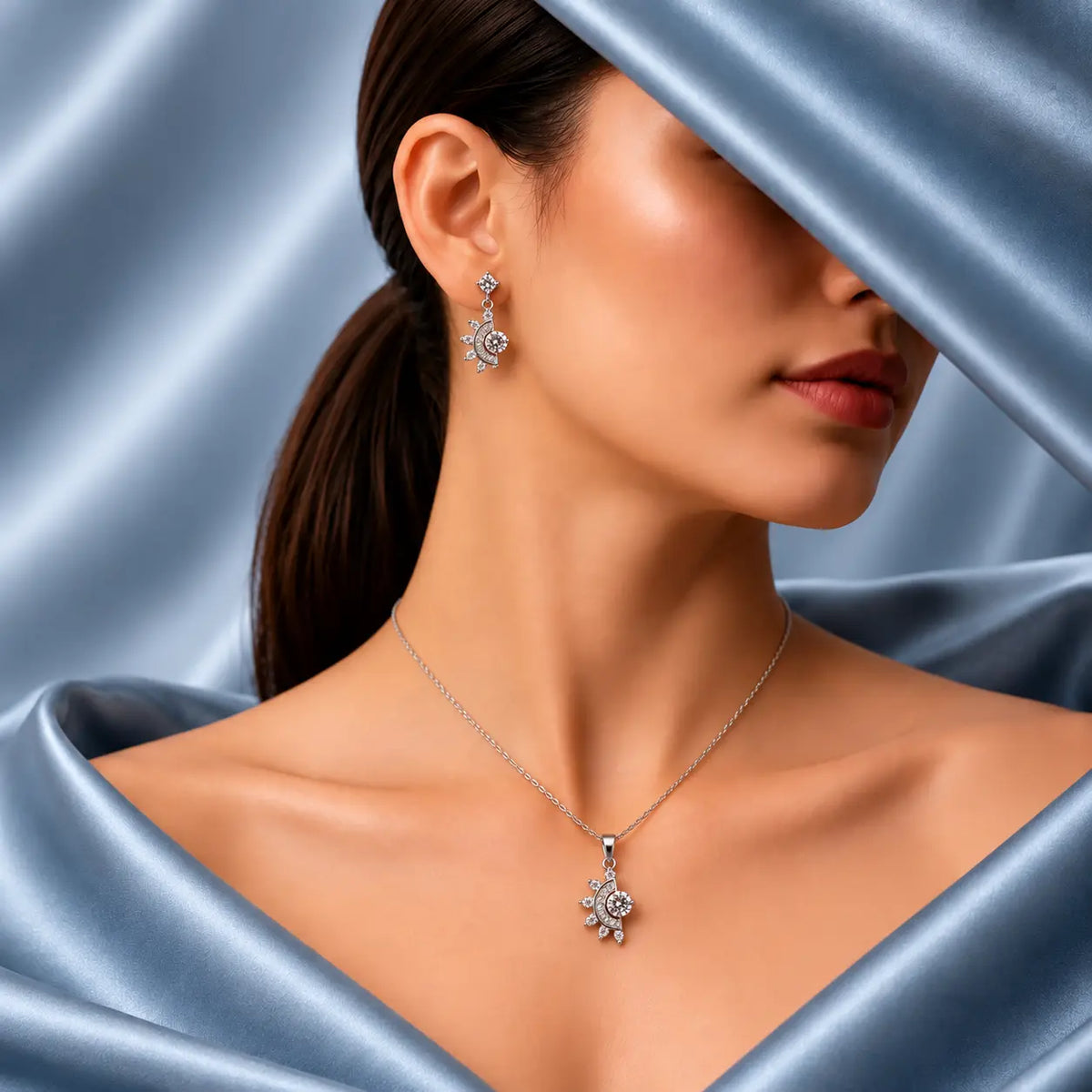 Silver Half Sun Pendant Set