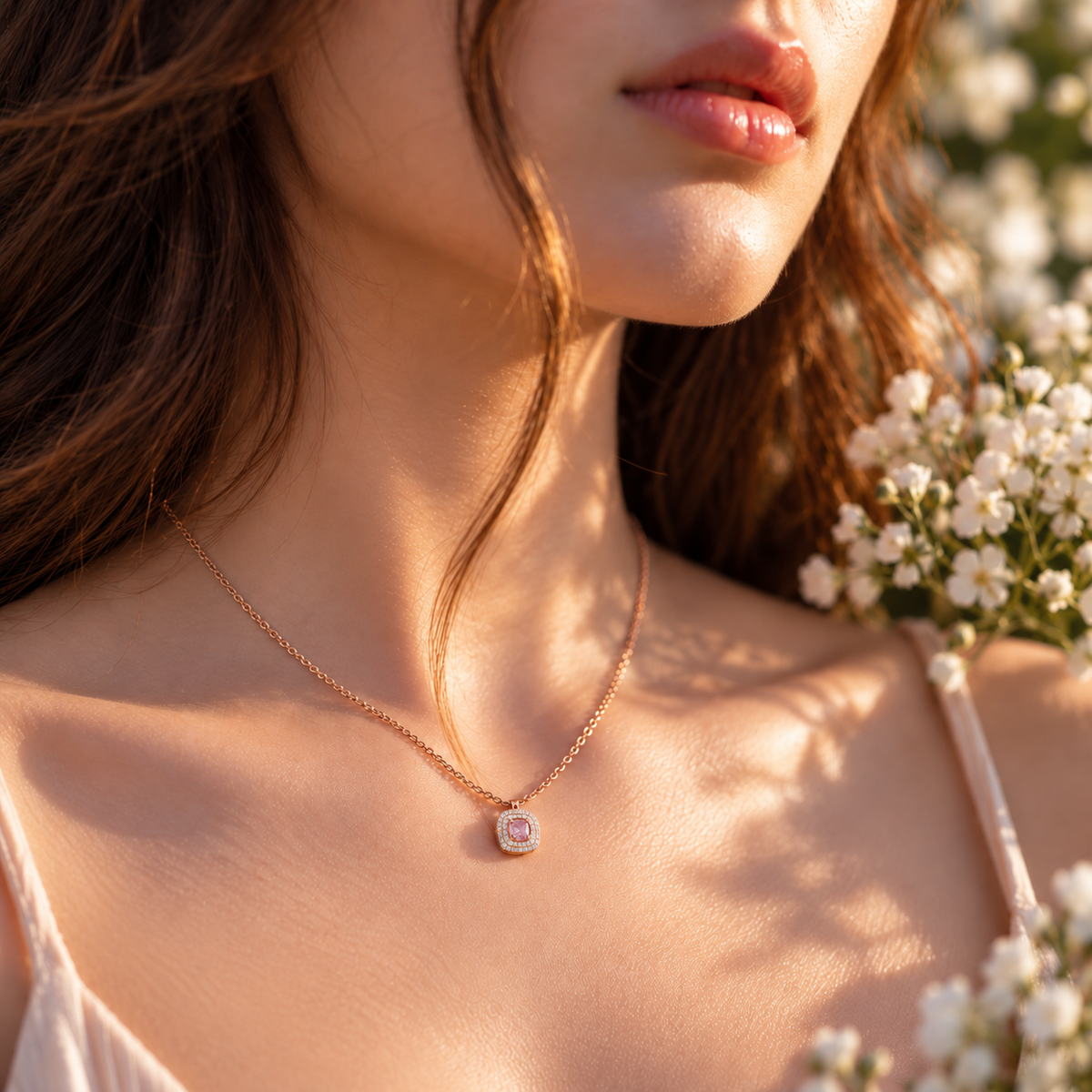 Pink Cushion Pendant Necklace