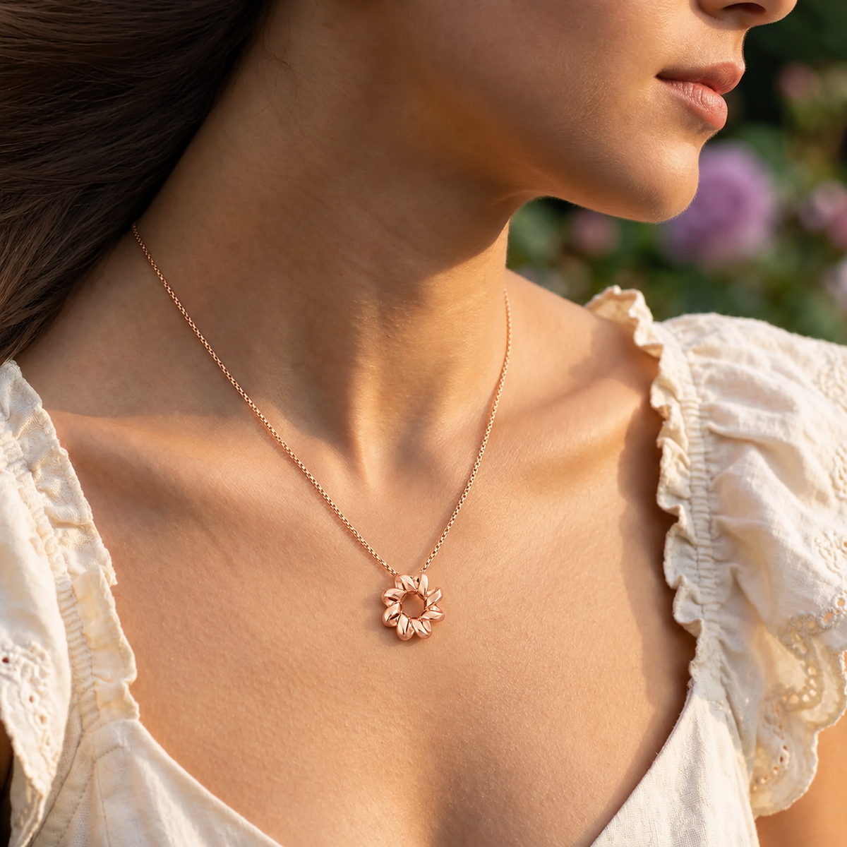 Rose Gold Petal Circle Pendant Necklace