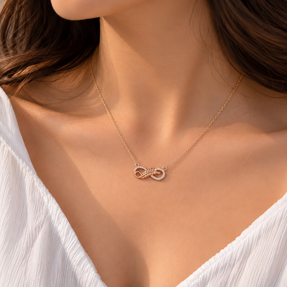 Rose Gold Infinity Feather Necklace