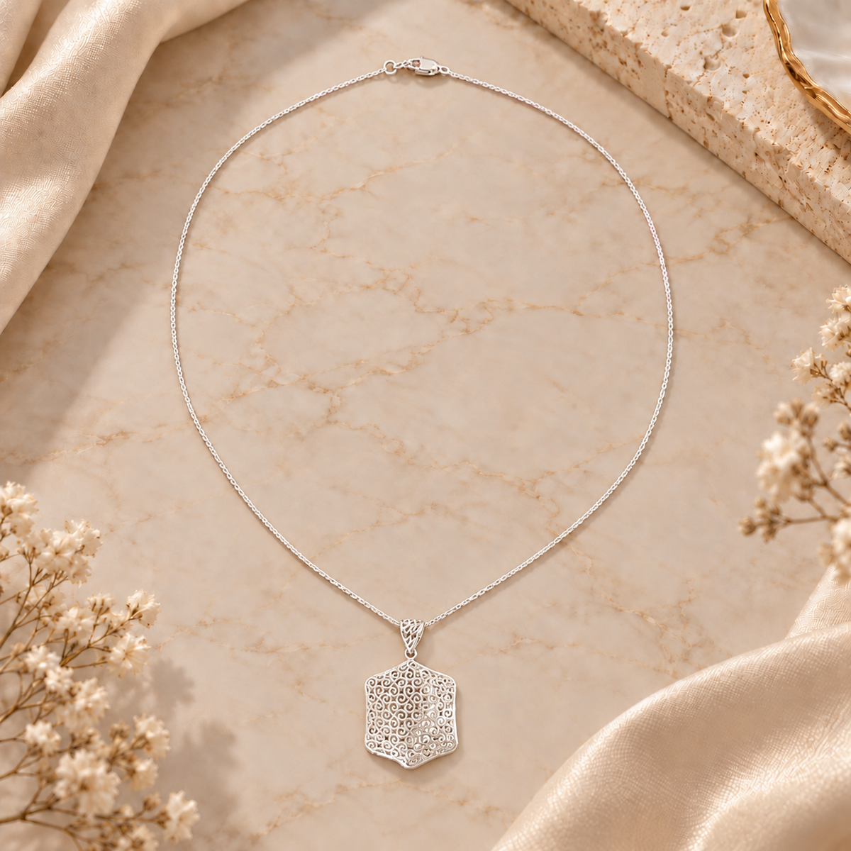 Silver Hexagon Filigree Pendant