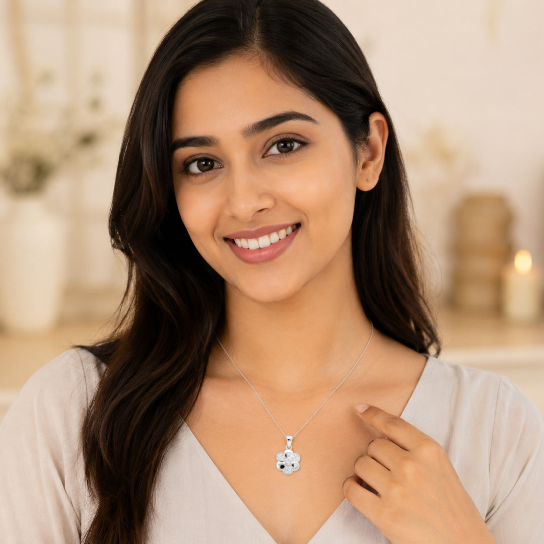 Twinklitz Sterling Silver Flower White Diamond Kids Pendant