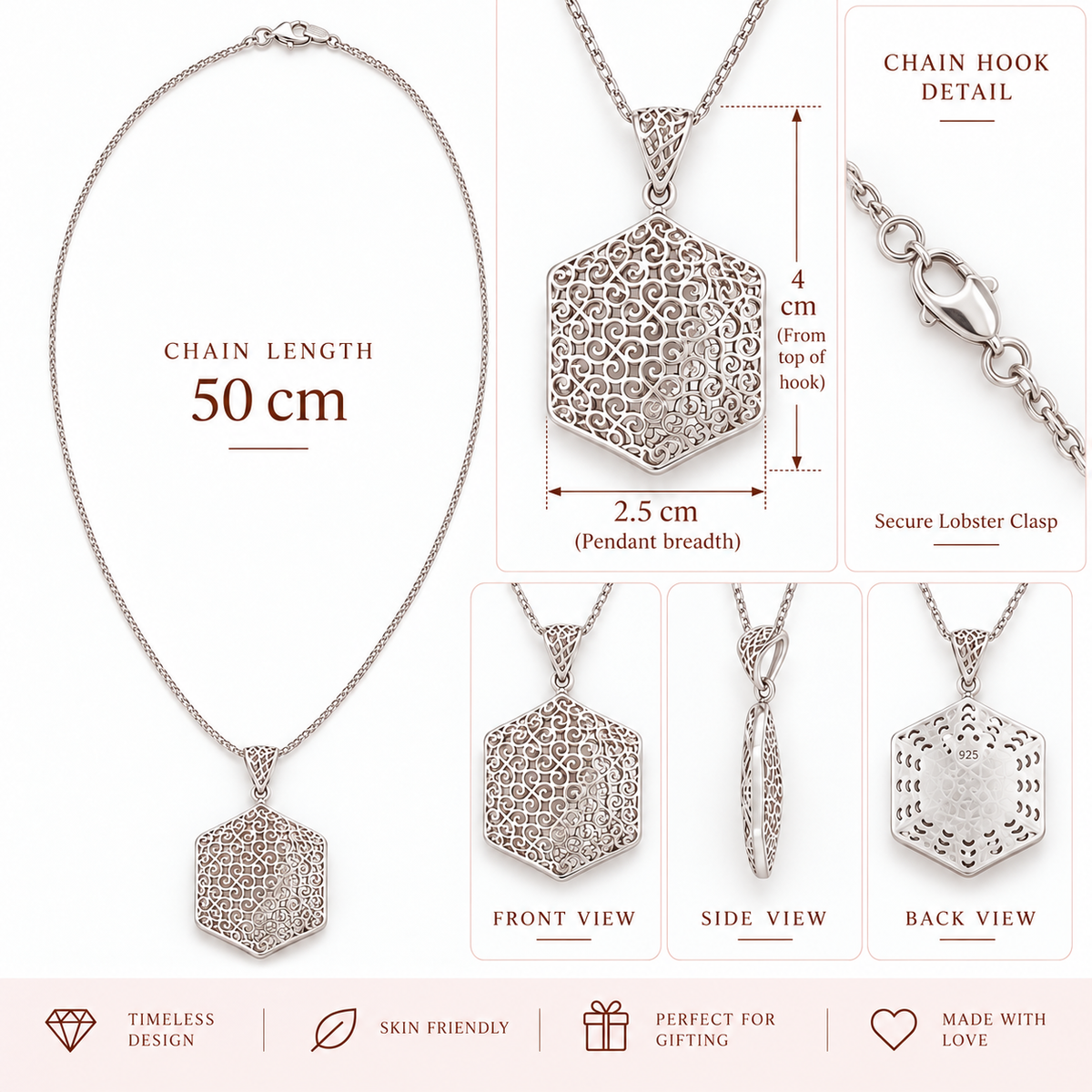 Silver Hexagon Filigree Pendant