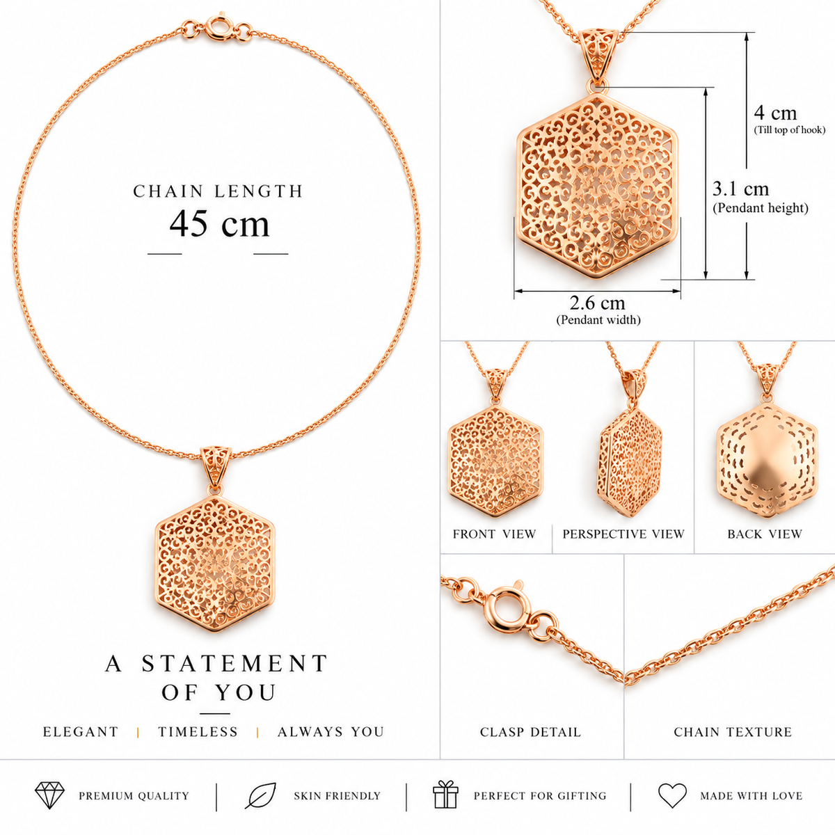 Rose Gold Hexagon Filigree Pendant Necklace