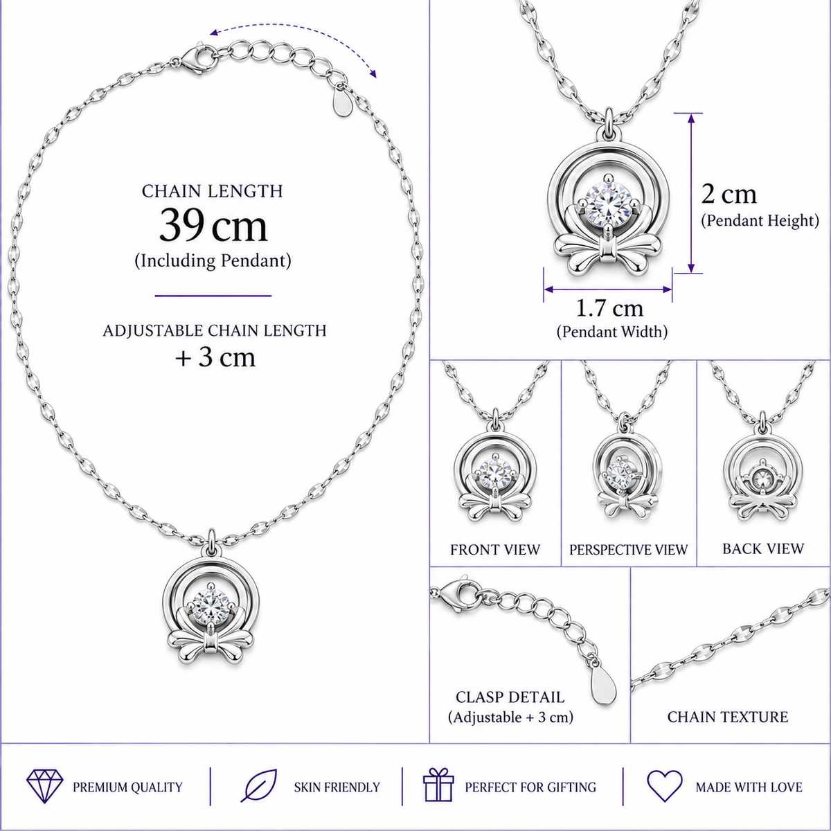 Silver Bow Circle Pendant Necklace