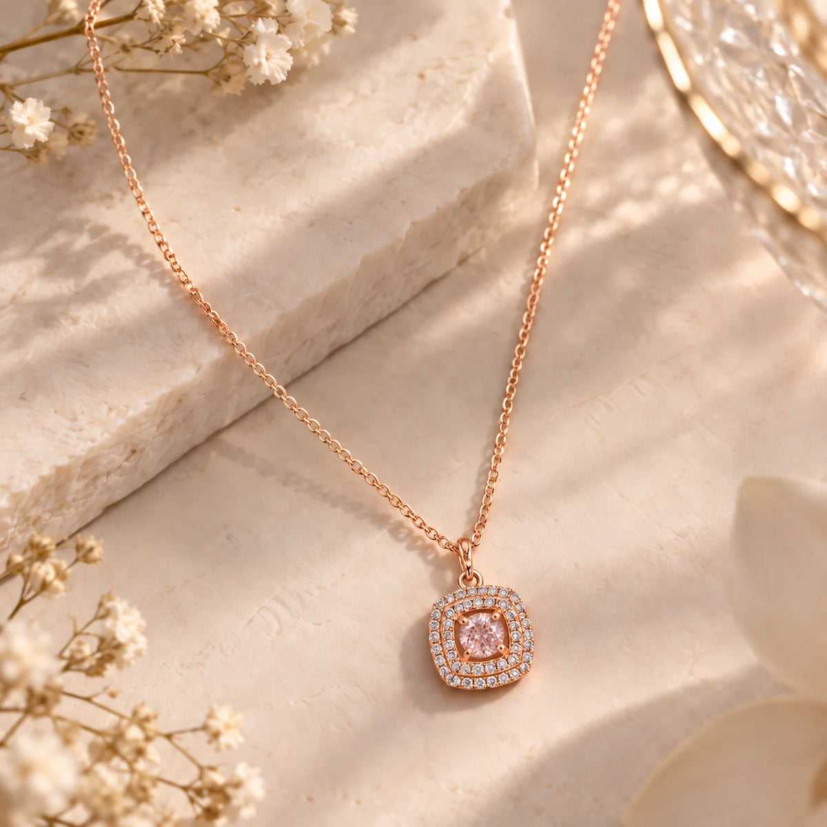 Pink Cushion Pendant Necklace