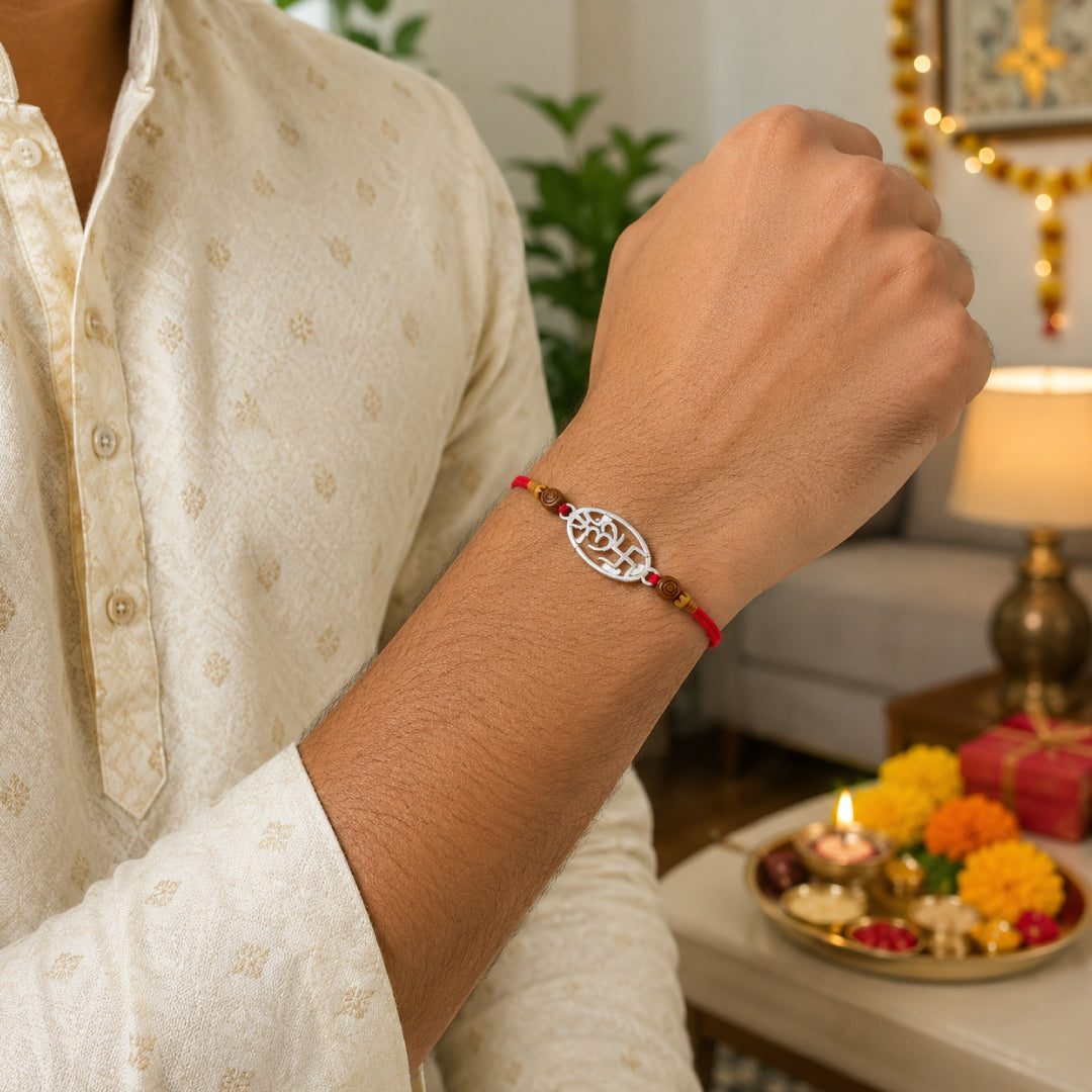 Twinklitz Swastik Om Sterling 92.5 Silver Rakhi - close-up view