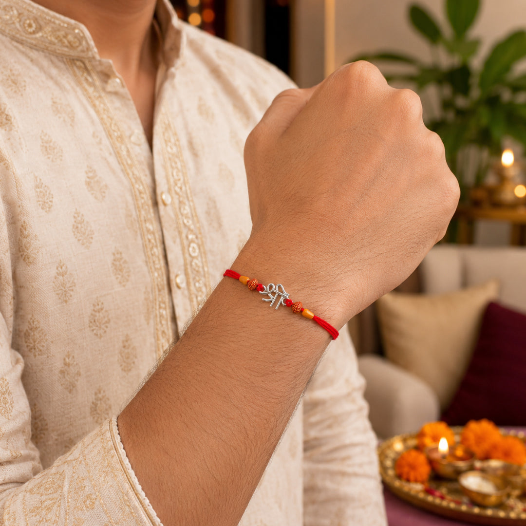 Twinklitz Shree Symbol Sterling Silver Rakhi - close-up view