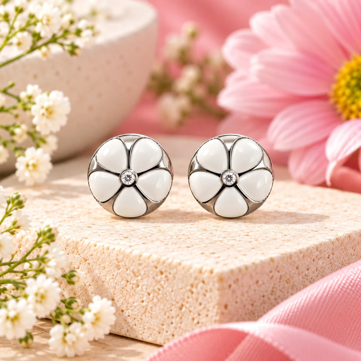 Pearl White Blossom Stud Earrings