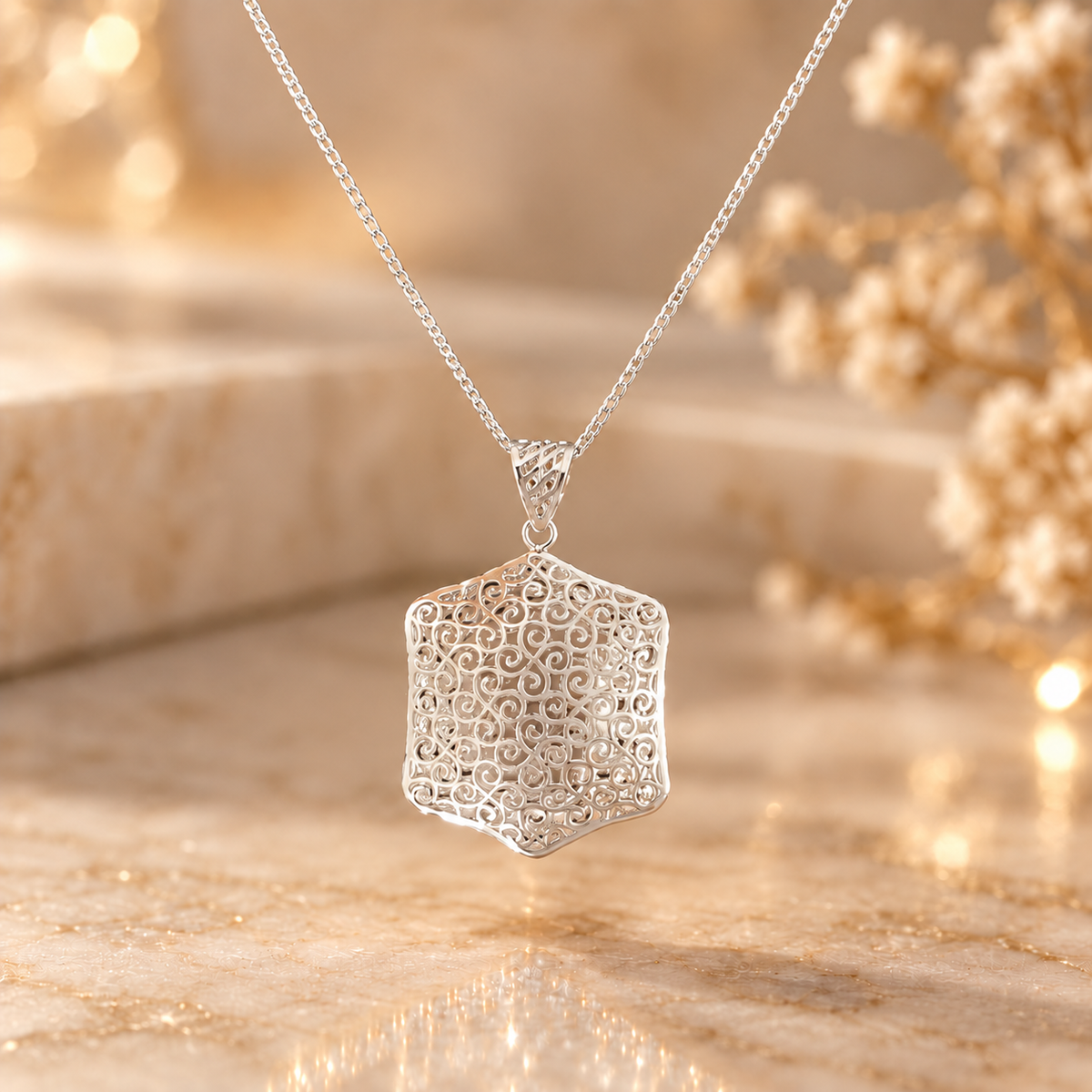 Silver Hexagon Filigree Pendant