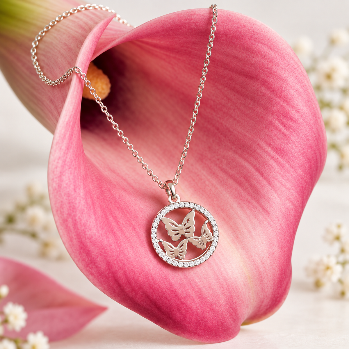 Silver Butterfly Circle Pendant Necklace