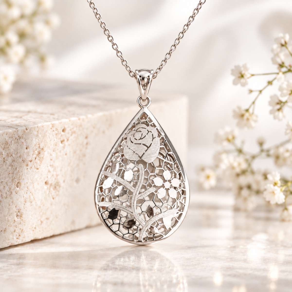 Rose Filigree Pendant Necklace