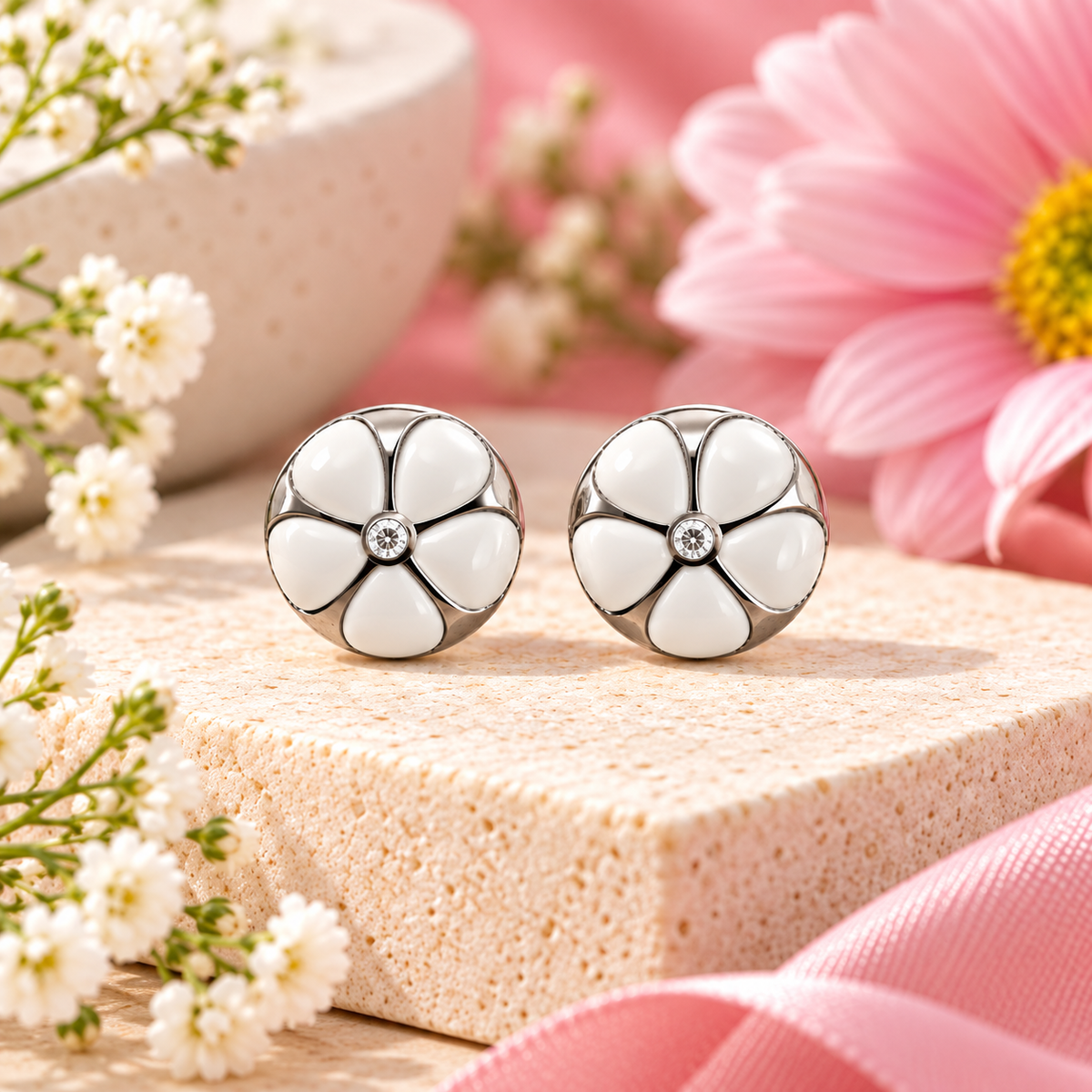 Pearl White Blossom Stud Earrings