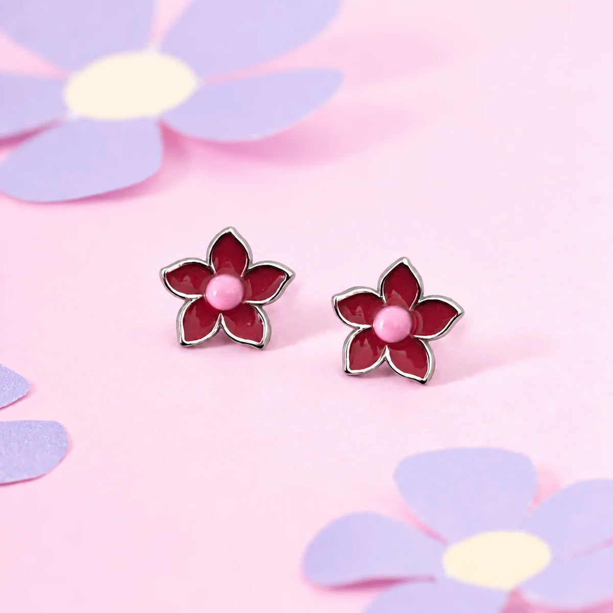 Red Enamel Floral Stud Earrings