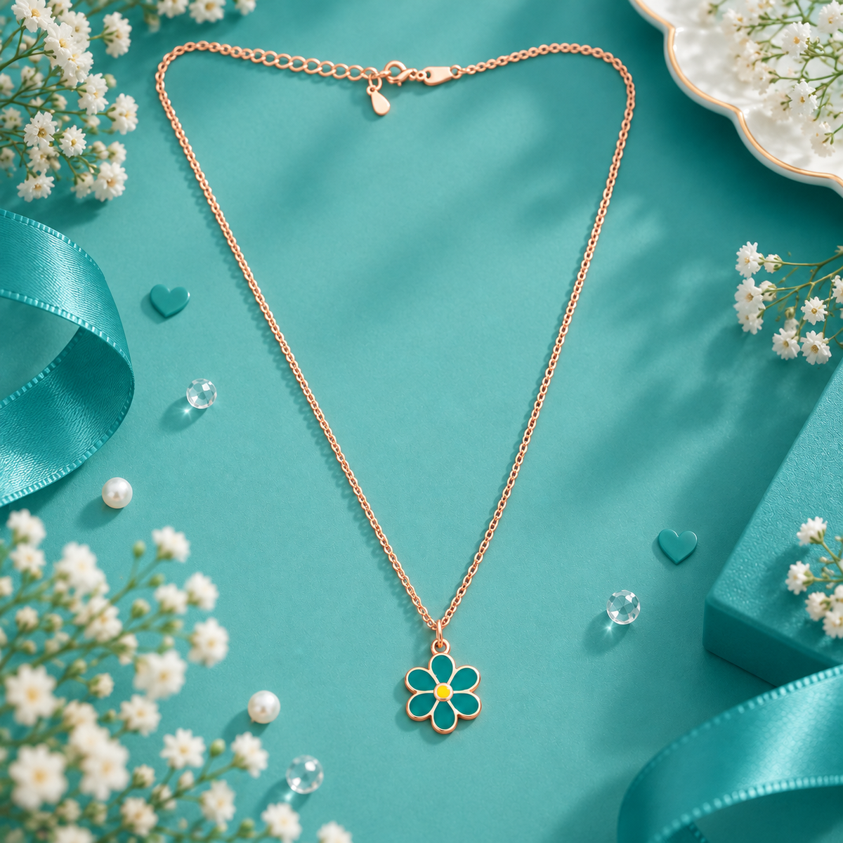 Teal Blossom Charm Necklace
