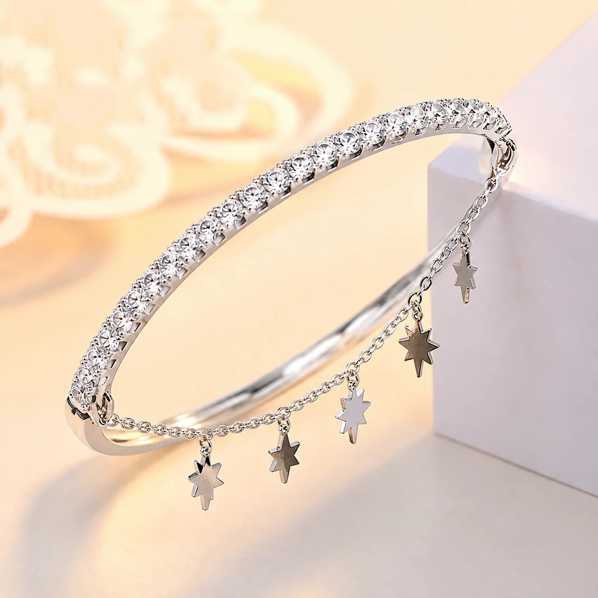 Silver Starburst Charm Bangle Bracelet