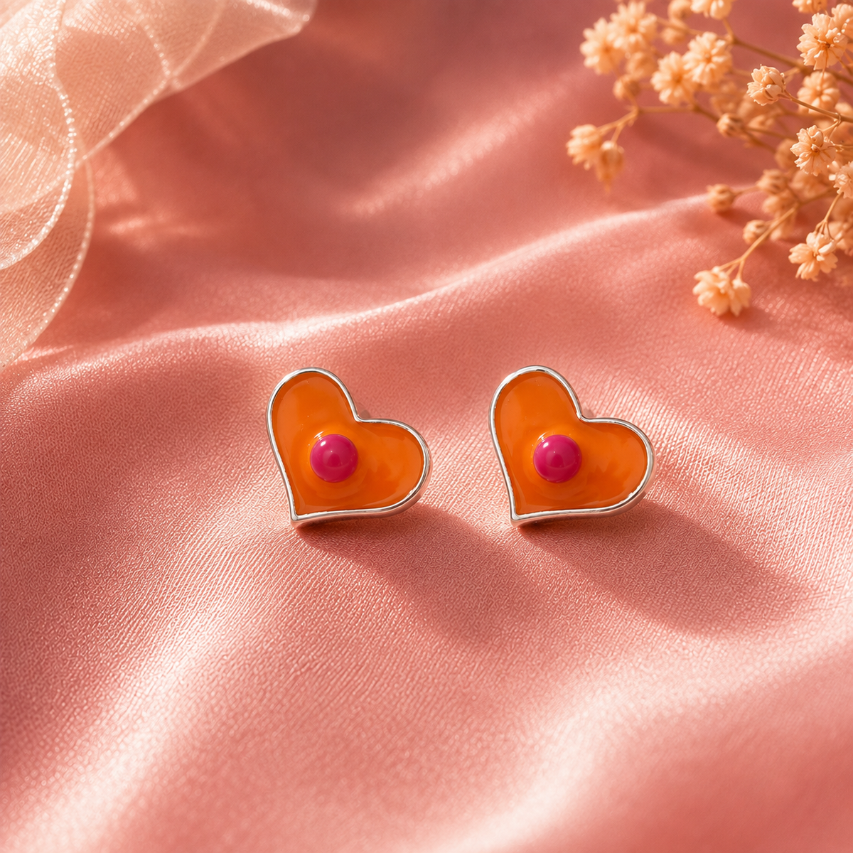 Orange Heart Stud Earrings