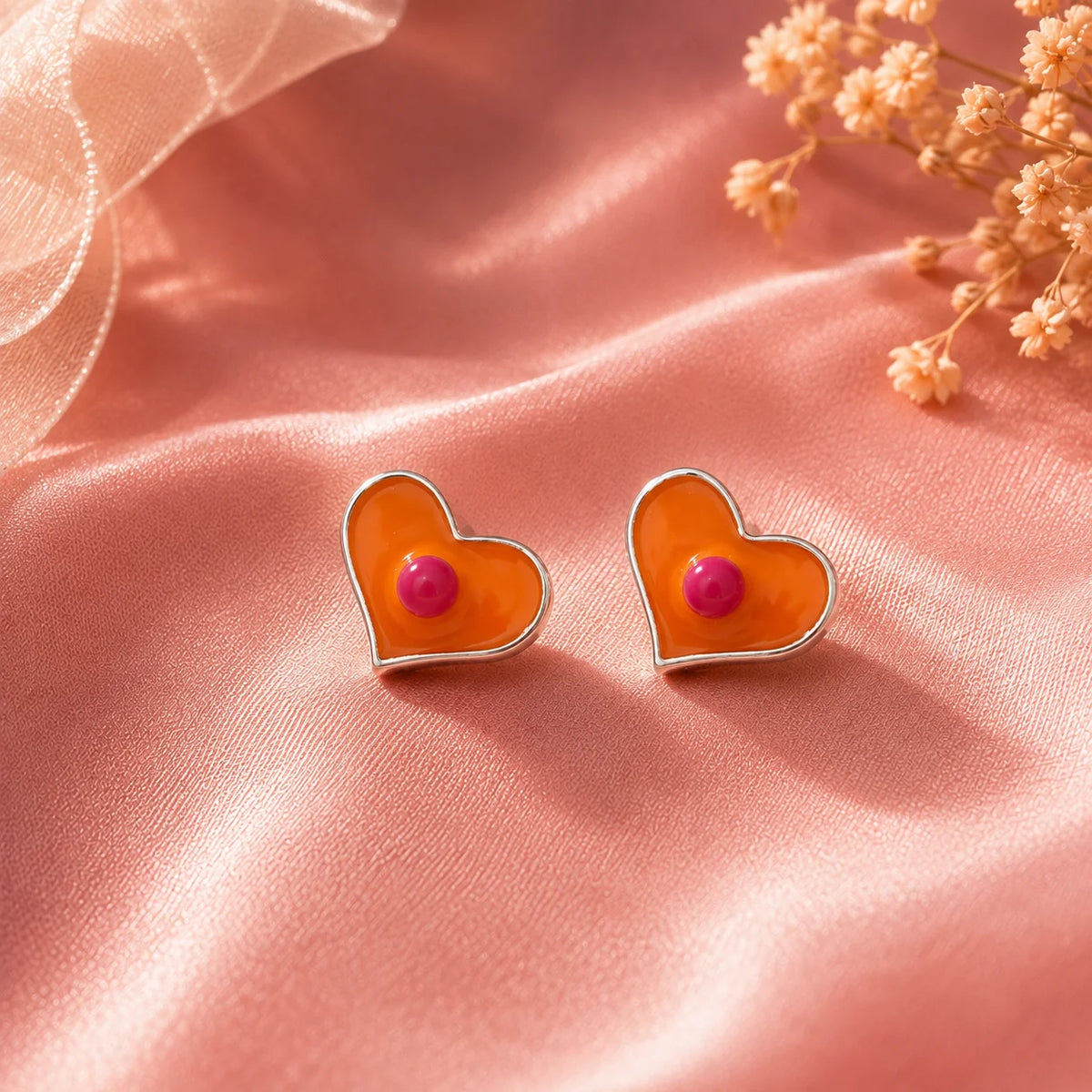 Orange Heart Stud Earrings