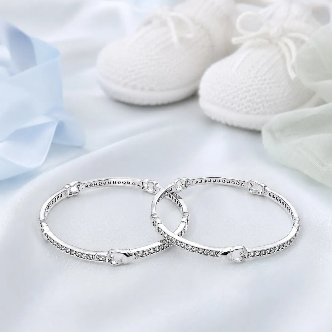 Twinklitz Sterling Silver Double Heart White Diamond Baby Bangles