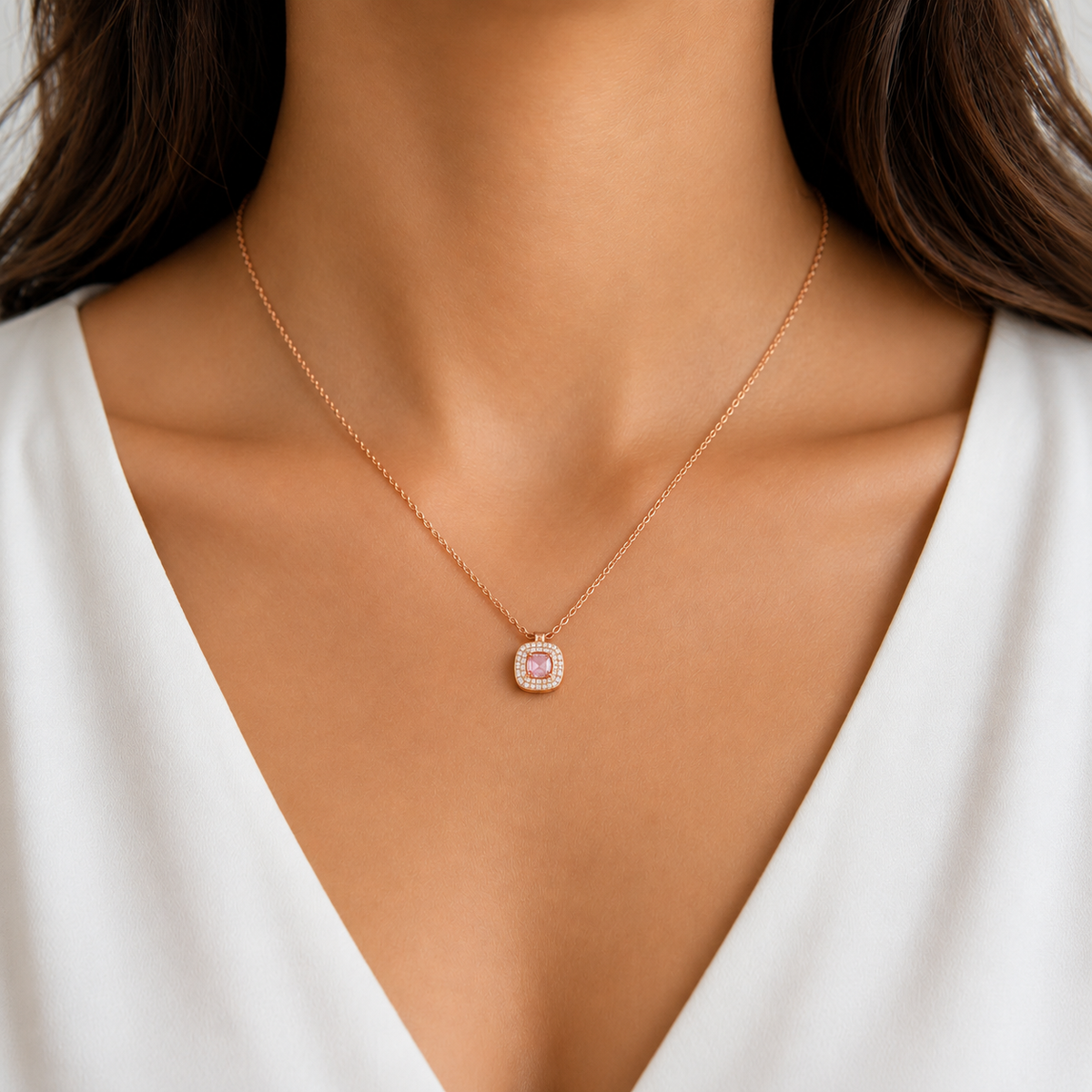 Pink Cushion Pendant Necklace