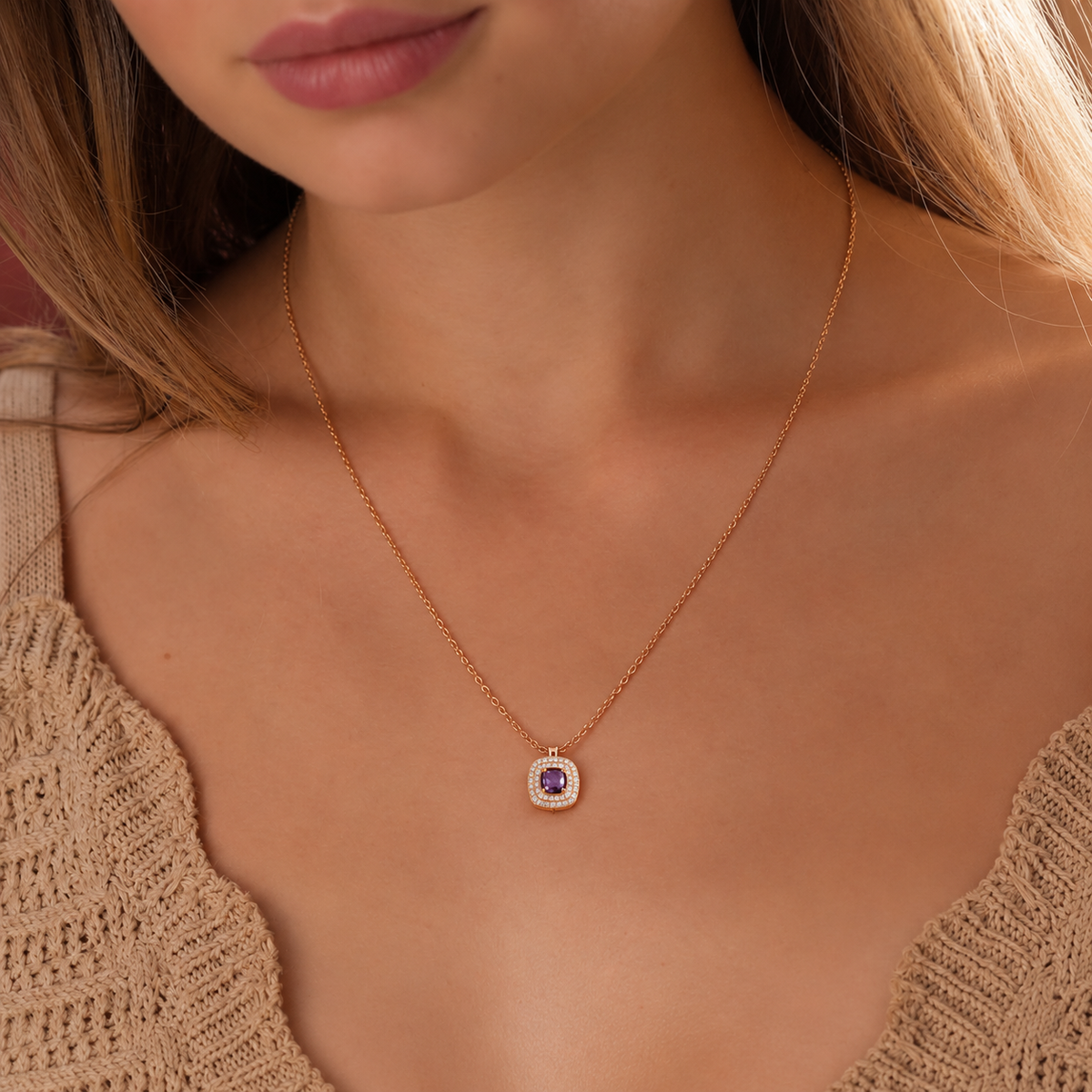 Purple Cushion Pendant Necklace
