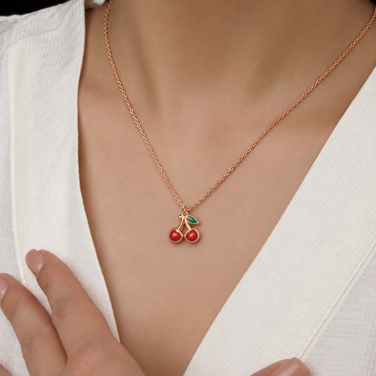 Rose Gold Cherry Charm Necklace