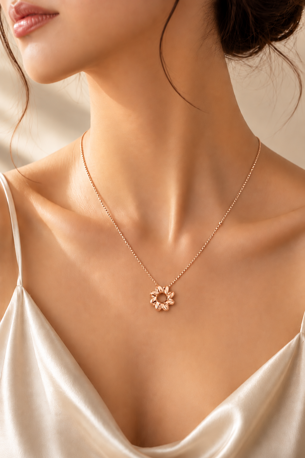 Rose Gold Petal Circle Pendant Necklace