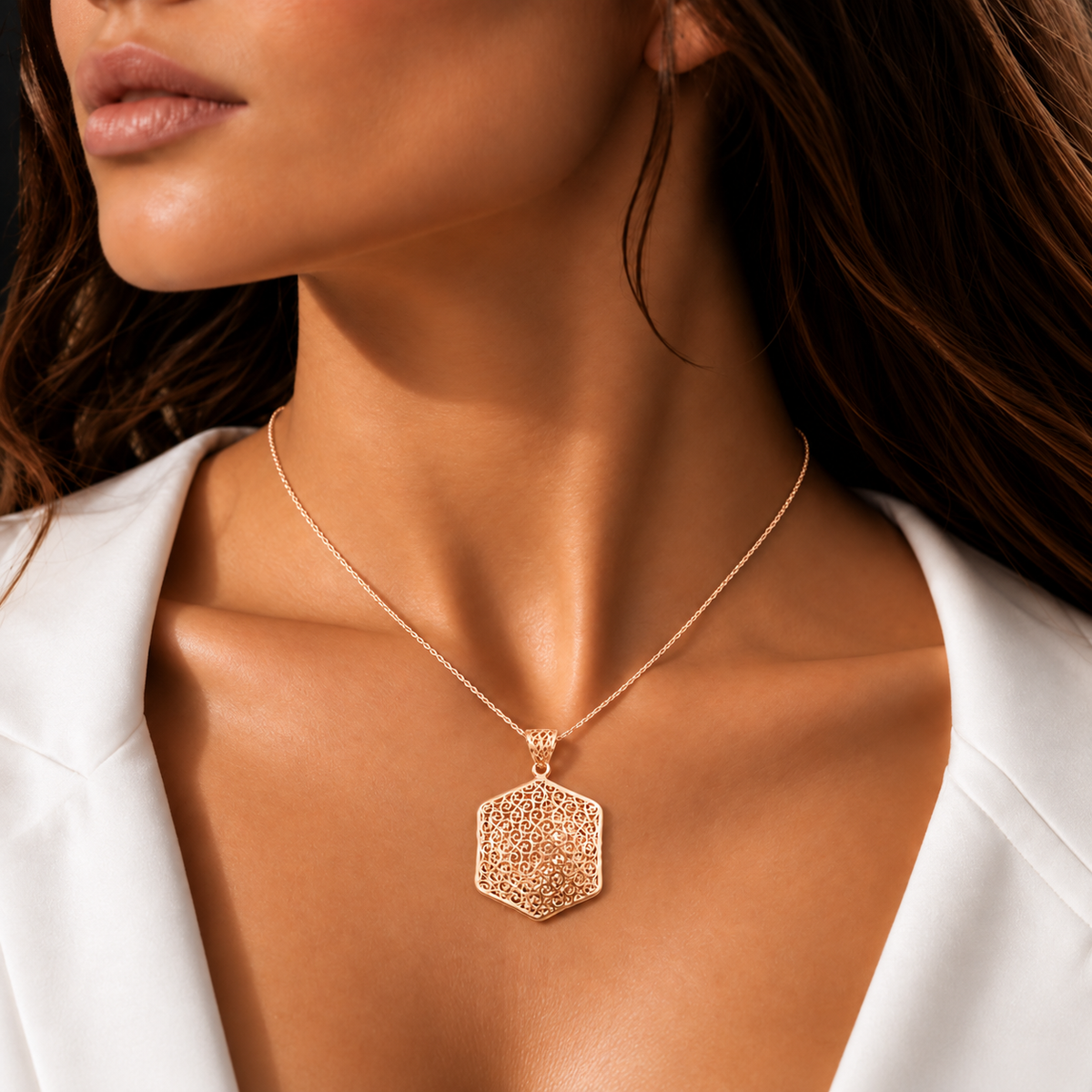 Rose Gold Hexagon Filigree Pendant Necklace
