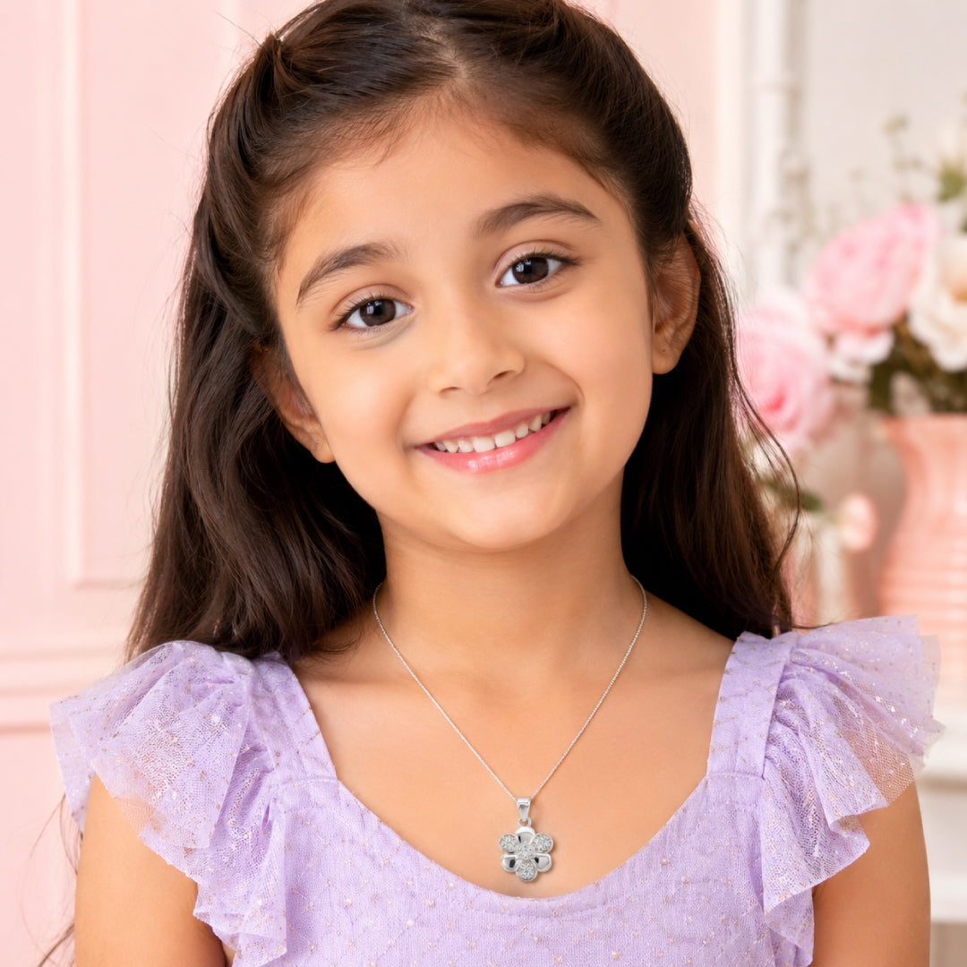 Twinklitz Sterling Silver Flower White Diamond Kids Pendant