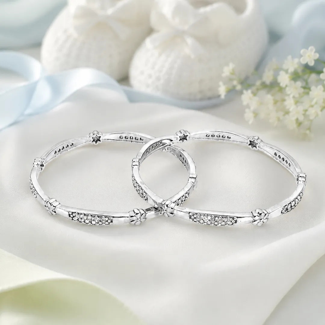 Twinklitz Sterling Silver Flower White Diamond Baby Bangles