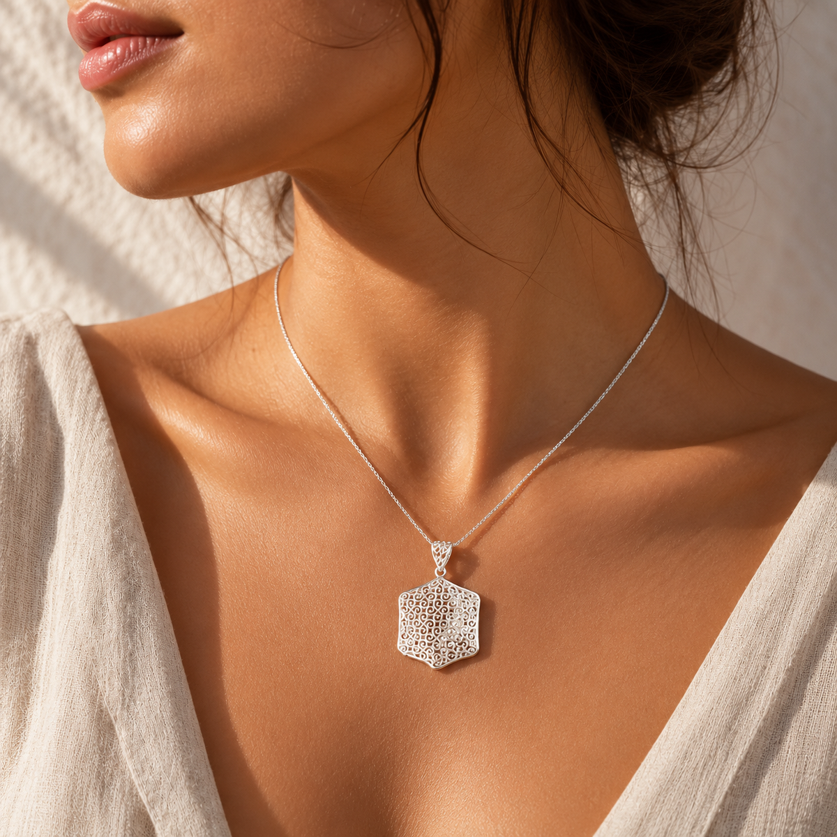 Silver Hexagon Filigree Pendant