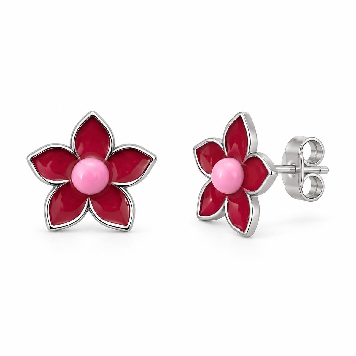Red Enamel Floral Stud Earrings