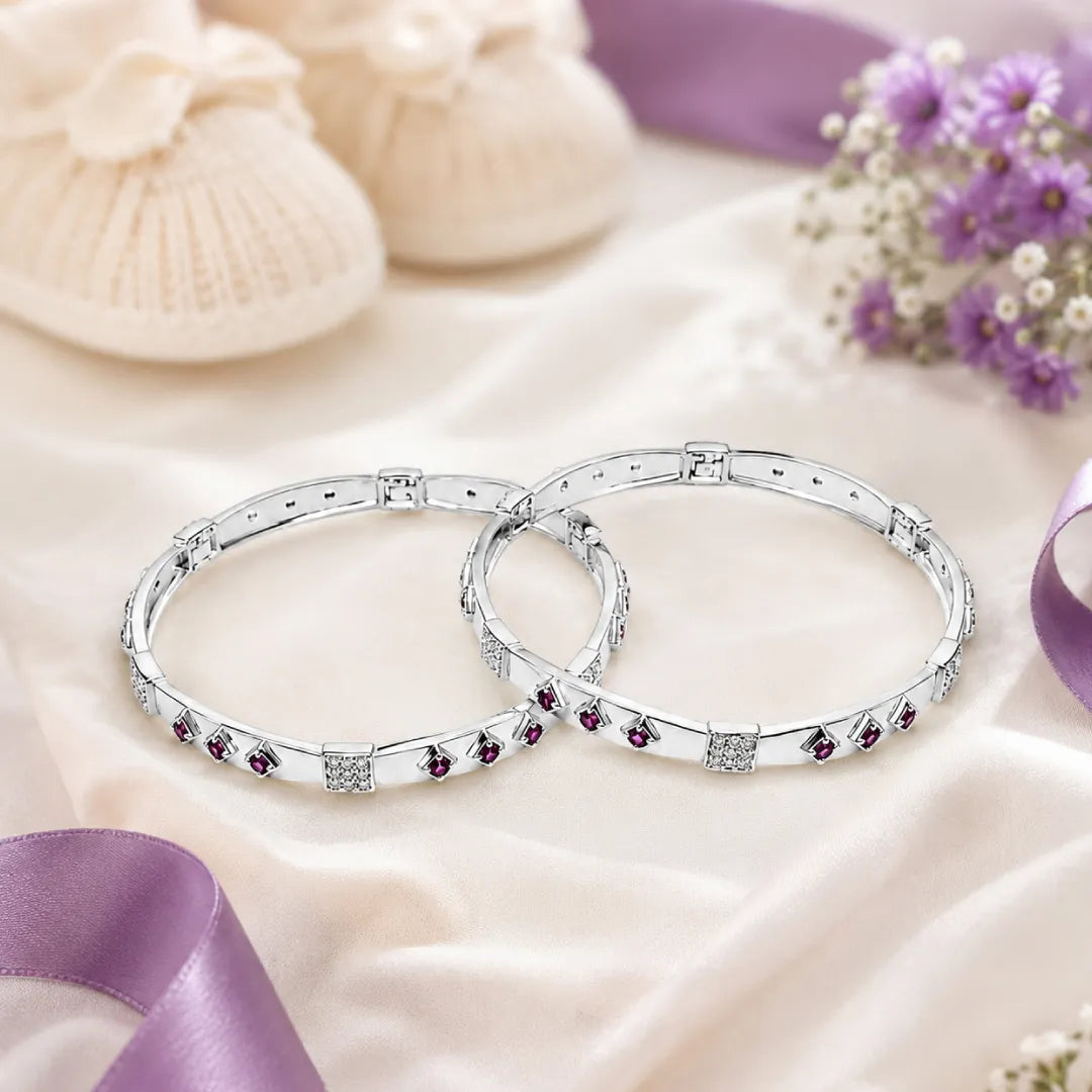 Twinklitz Sterling Silver Broad Pink Stone Baby Bangles