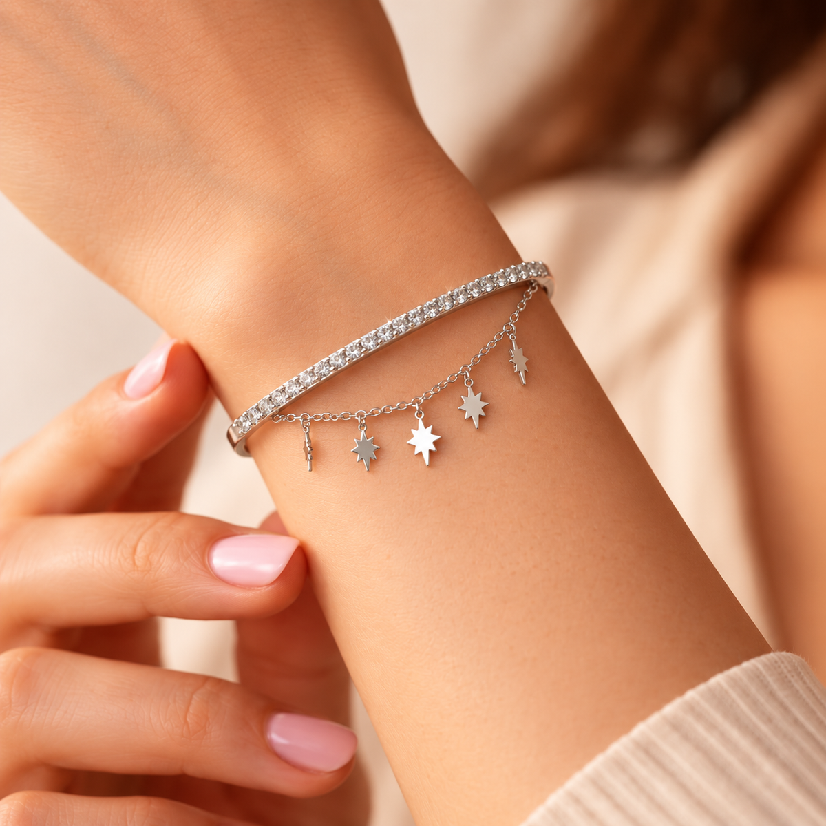 Silver Starburst Charm Bangle Bracelet