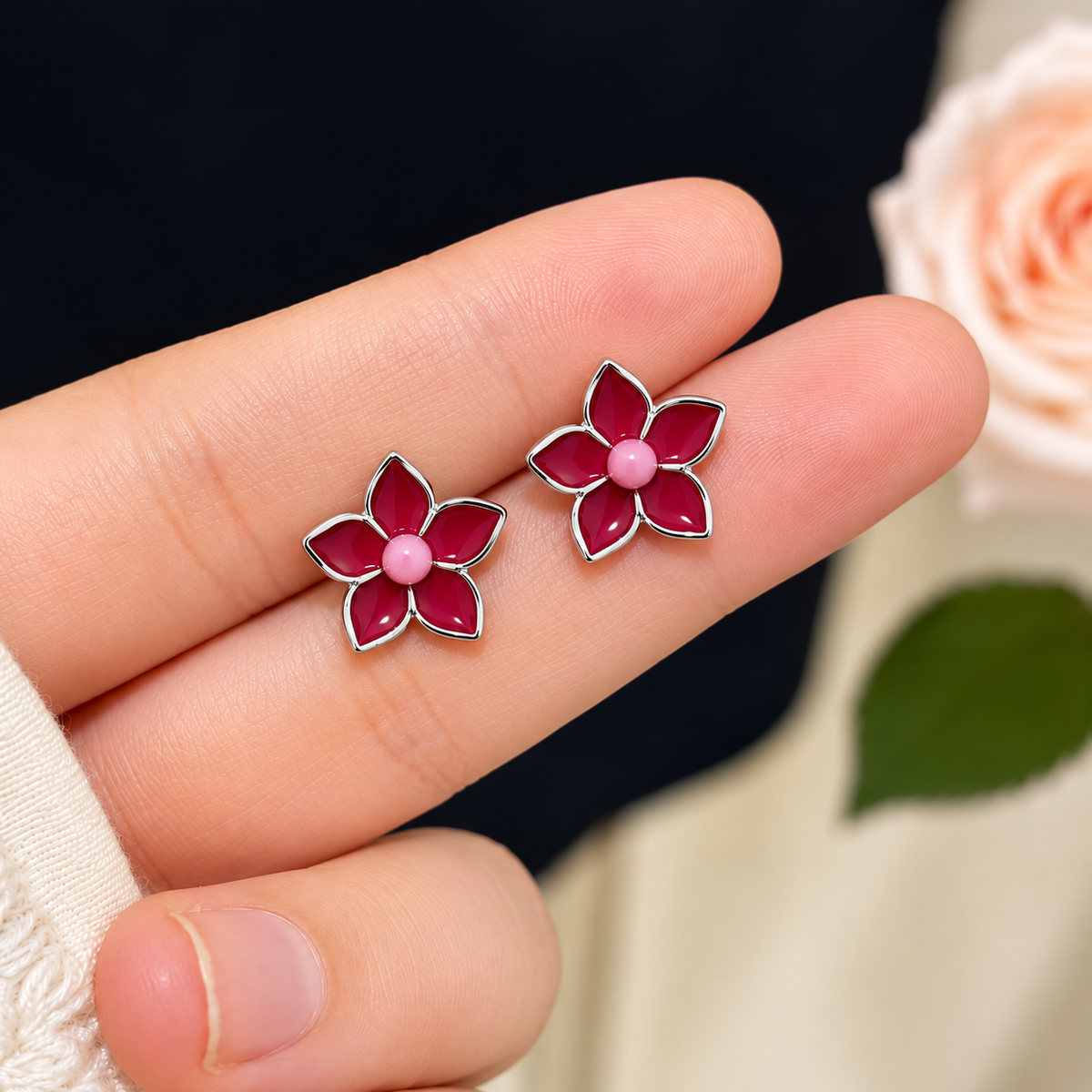 Red Enamel Floral Stud Earrings