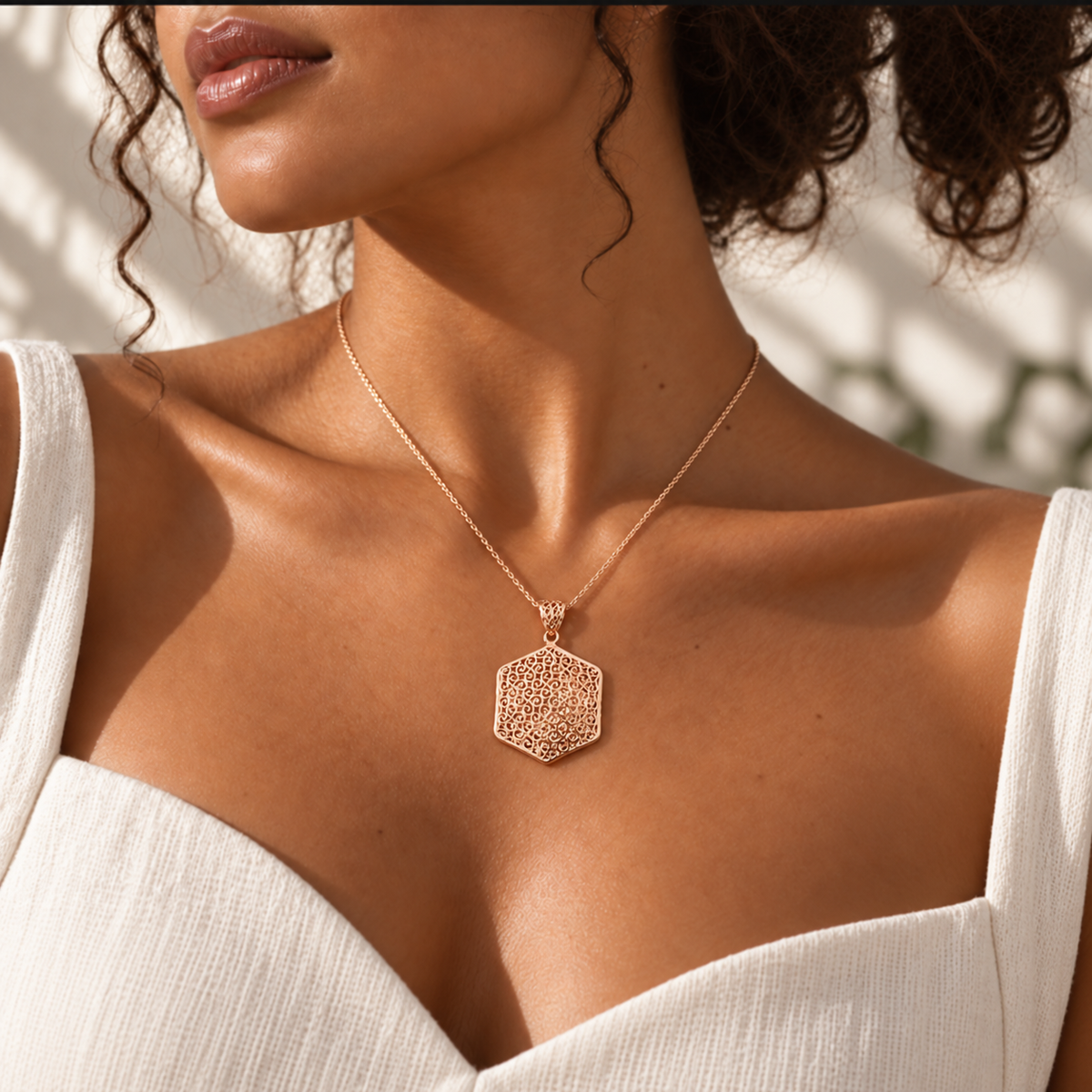 Rose Gold Hexagon Filigree Pendant Necklace