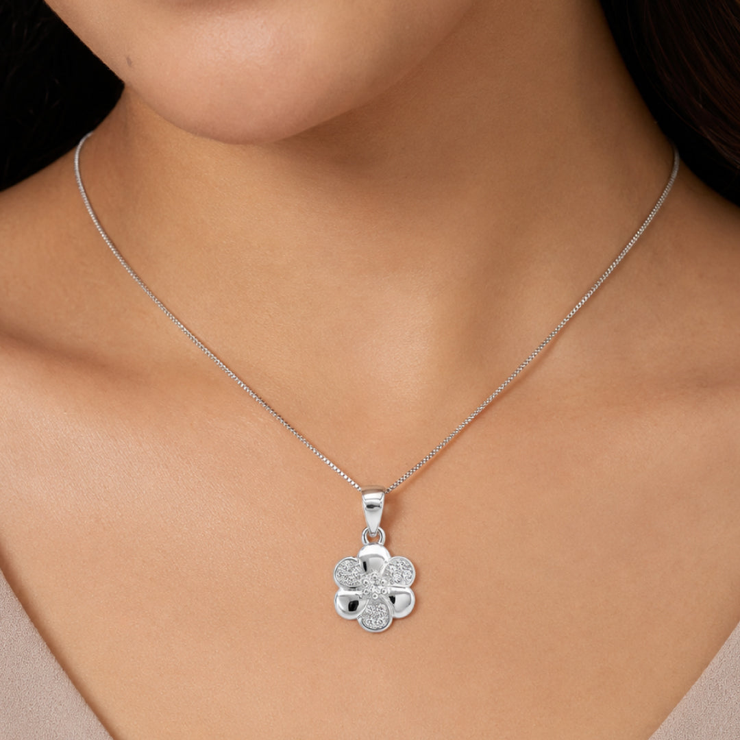Twinklitz Sterling Silver Flower White Diamond Kids Pendant