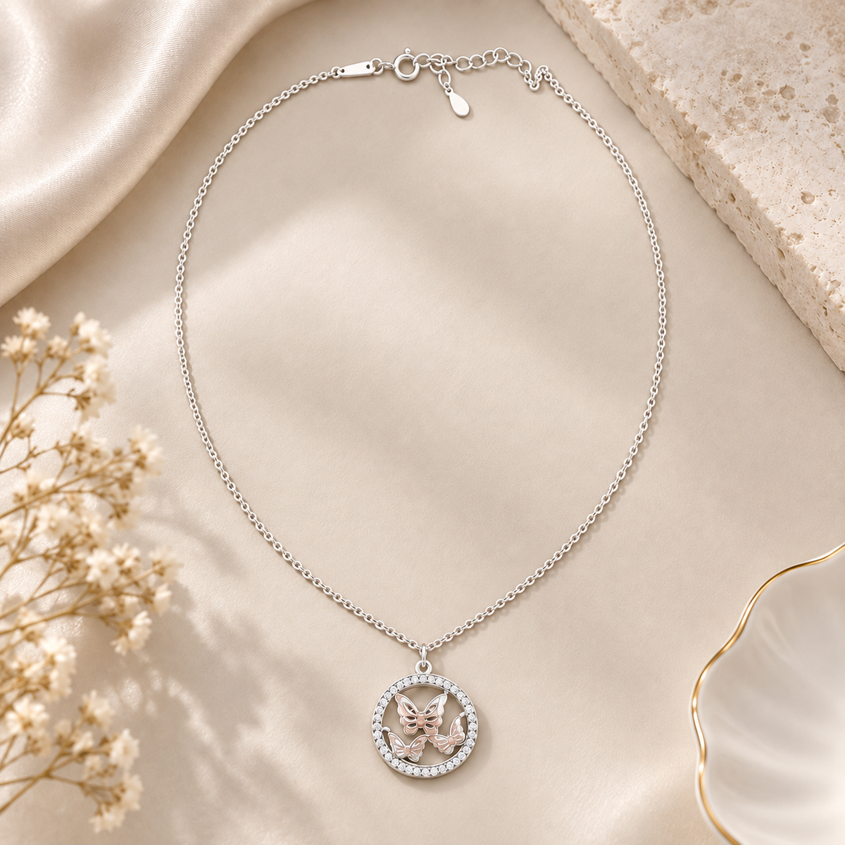 Silver Butterfly Circle Pendant Necklace