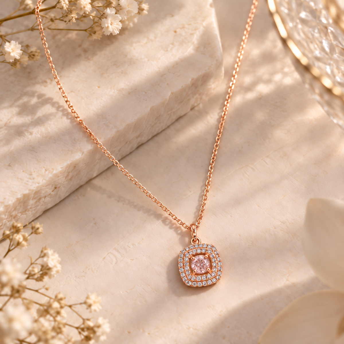 Pink Cushion Pendant Necklace