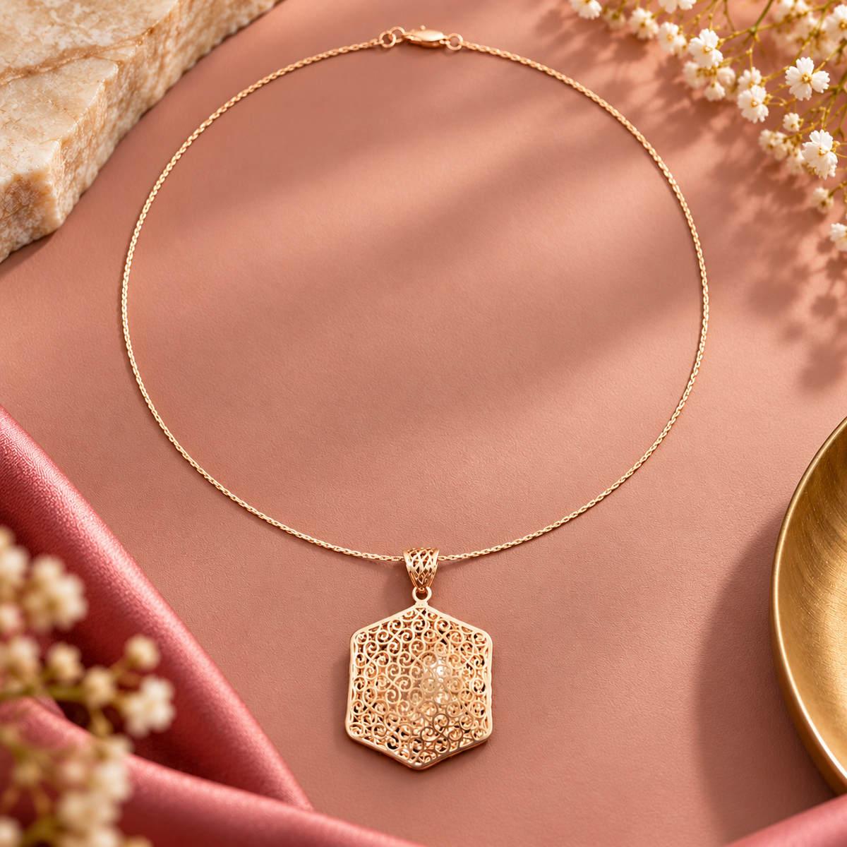 Rose Gold Hexagon Filigree Pendant Necklace