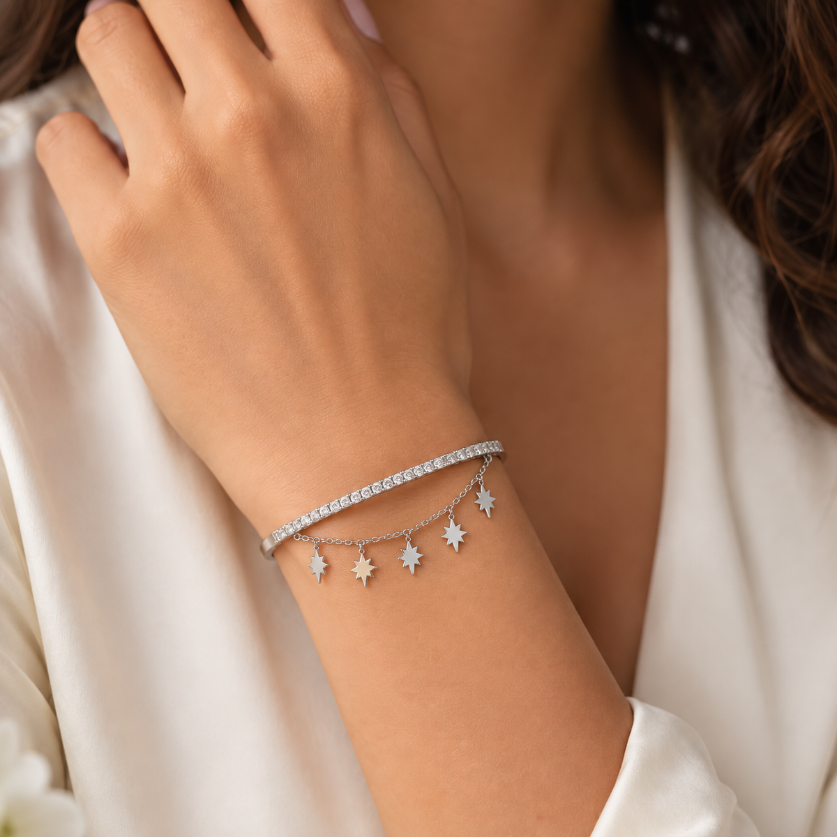 Silver Starburst Charm Bangle Bracelet