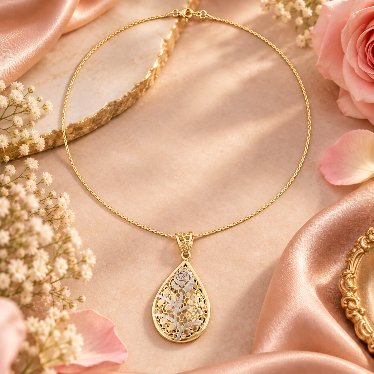 Teardrop Rose Pendant Necklace