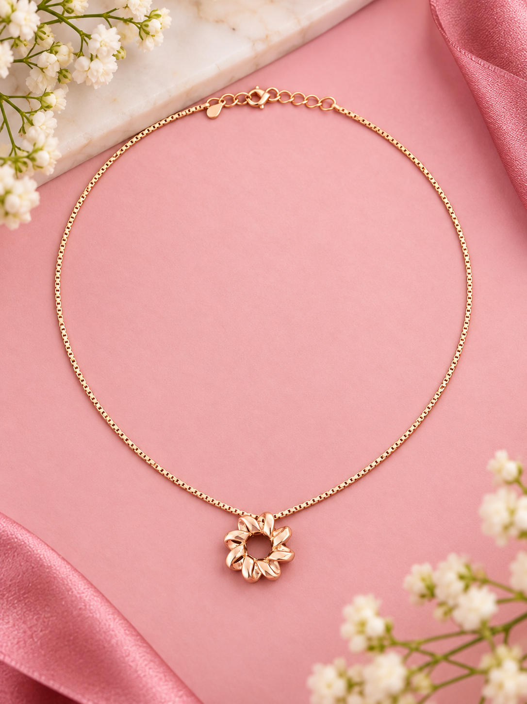 Rose Gold Petal Circle Pendant Necklace