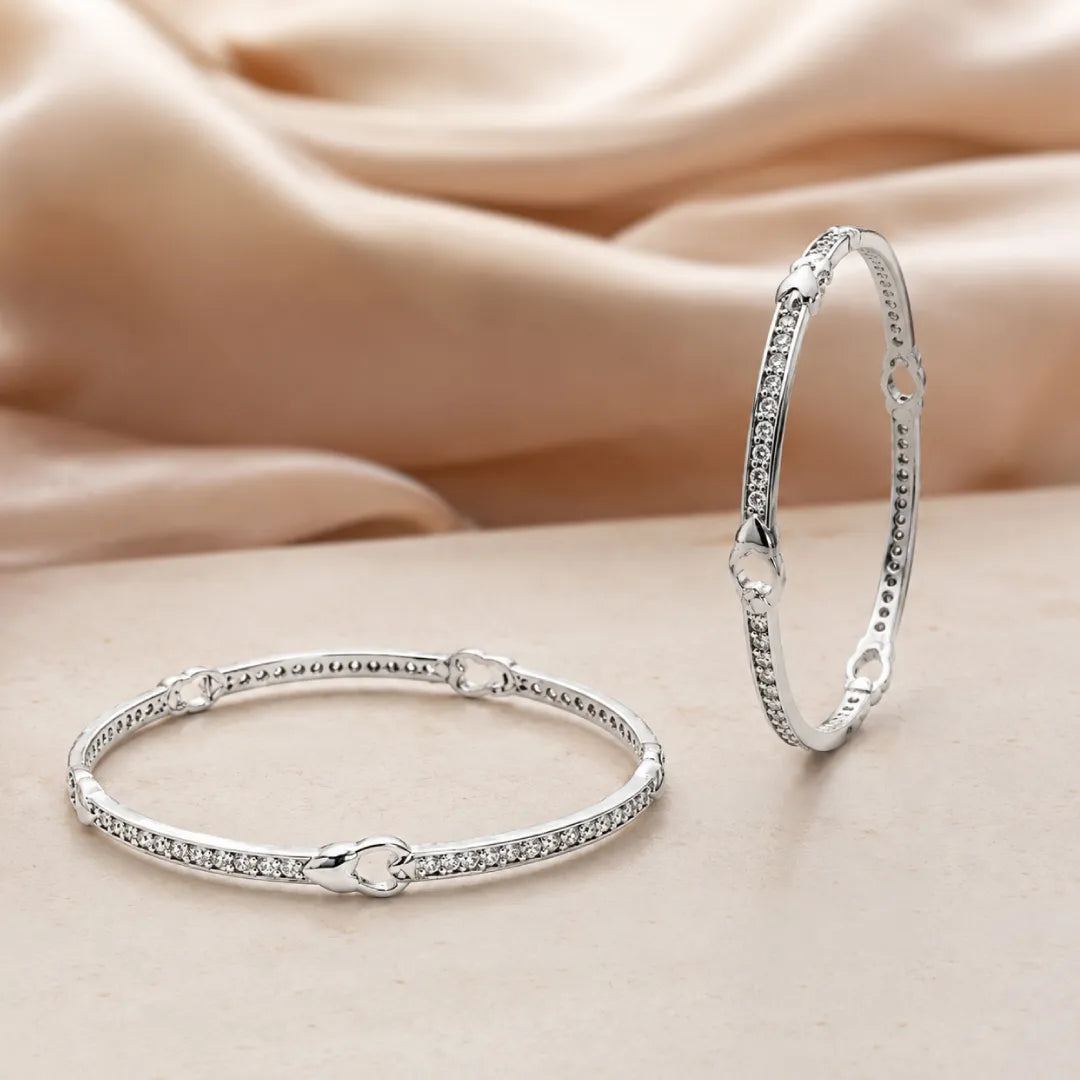 Twinklitz Sterling Silver Double Heart White Diamond Baby Bangles