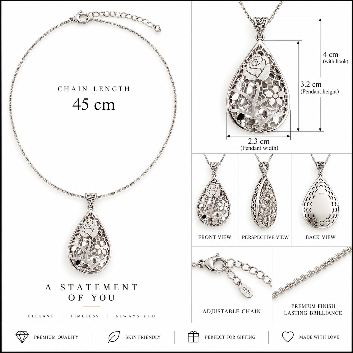 Rose Filigree Pendant Necklace